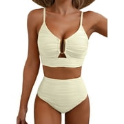 Eytino Bathing Suits for Women High Waisted Bikini Sets Tummy Control Cutout Swimming Suits Textured Ruched Two Piece V Neck Summer Beach Swim Suits Swimwear Beige S-2XL